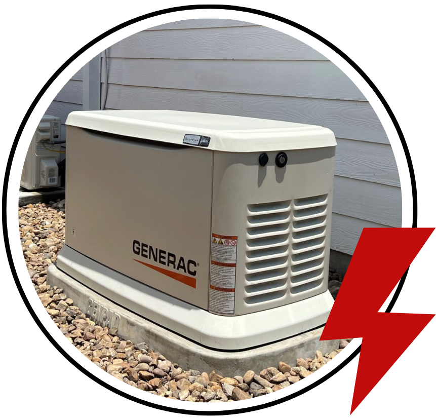 A picture of an outdoor generator with the power symbol in red.